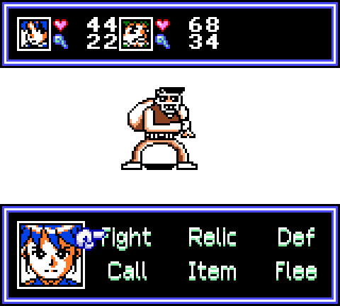 Battle with the Fight, Relic, Def, Call, Item and Flee commands