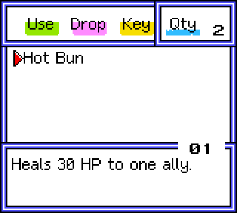 Item screen with Use, Drop, Key and Qty labels and a description