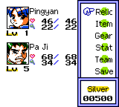 Field menu with party portraits, Relic, Item, Gear, Stat, Team and Save