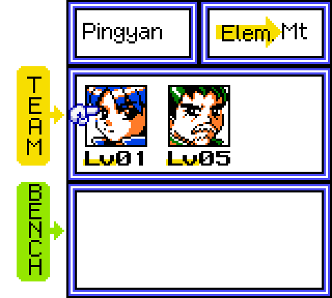 Party screen with TEAM and BENCH labels