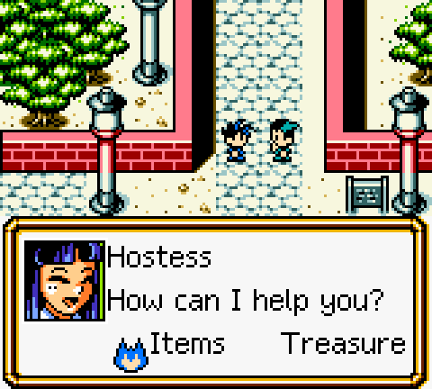 Hostess asking how she can help, with Items and Treasure options
